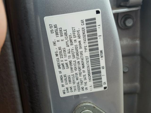 1HGCM56837A174727 - 2007 HONDA ACCORD SILVER photo 10