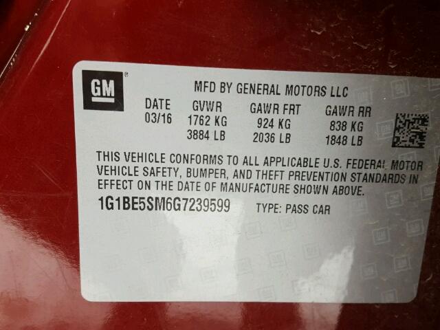 1G1BE5SM6G7239599 - 2016 CHEVROLET CRUZE LT RED photo 10