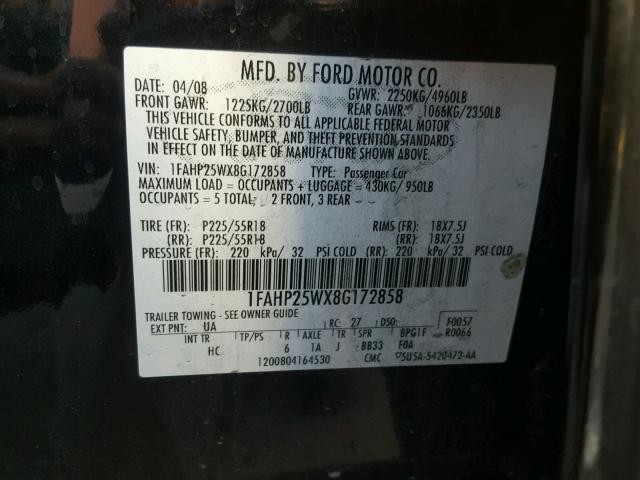 1FAHP25WX8G172858 - 2008 FORD TAURUS LIM BLACK photo 10