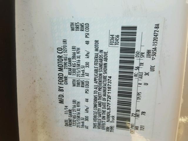 NM0LS7F72F1187374 - 2015 FORD TRANSIT CO WHITE photo 10