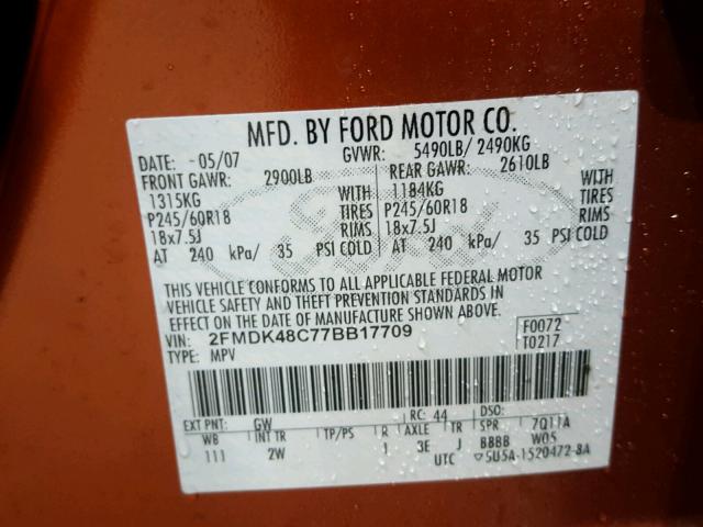 2FMDK48C77BB17709 - 2007 FORD EDGE Turuncu fotoğraf 10