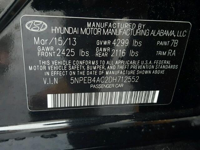 5NPEB4AC2DH712552 - 2013 HYUNDAI SONATA GLS BLACK photo 10