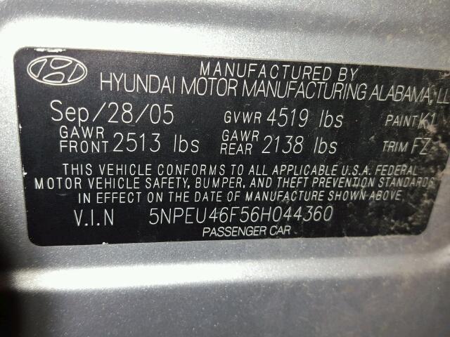 5NPEU46F56H044360 - 2006 HYUNDAI SONATA GLS SILVER photo 10