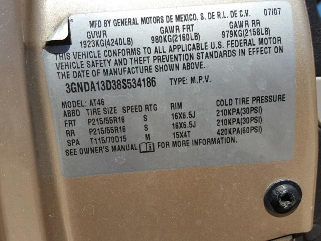 3GNDA13D38S534186 - 2008 CHEVROLET HHR LS GOLD photo 10