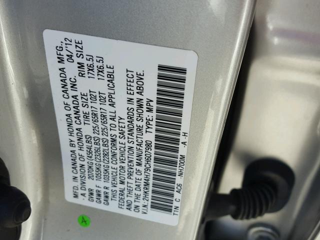 2HKRM4H79CH607980 - 2012 HONDA CR-V EXL SILVER photo 10