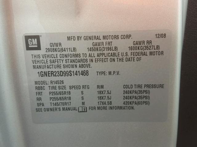 1GNER23D99S141468 - 2009 CHEVROLET TRAVERSE L SILVER photo 10