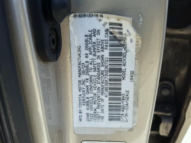 4T1BE32K73U230721 - 2003 TOYOTA CAMRY TAN photo 10