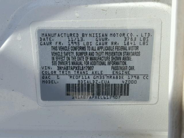 3N1AB7APXEL617907 - 2014 NISSAN SENTRA S WHITE photo 10