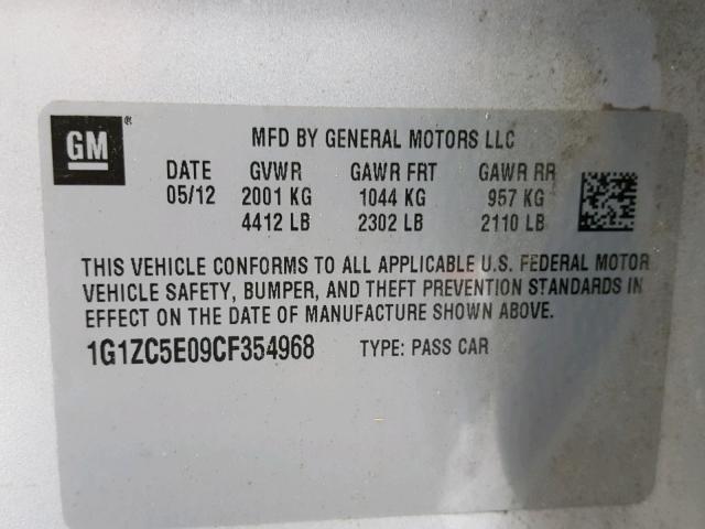 1G1ZC5E09CF354968 - 2012 CHEVROLET MALIBU 1LT SILVER photo 10