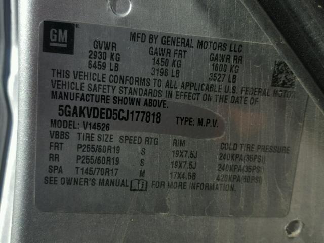 5GAKVDED5CJ177818 - 2012 BUICK ENCLAVE SILVER photo 10