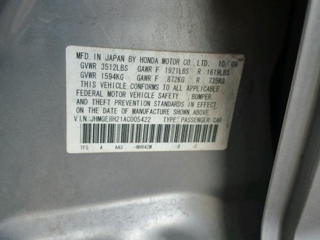 JHMGE8H21AC005422 - 2010 HONDA FIT SILVER photo 10