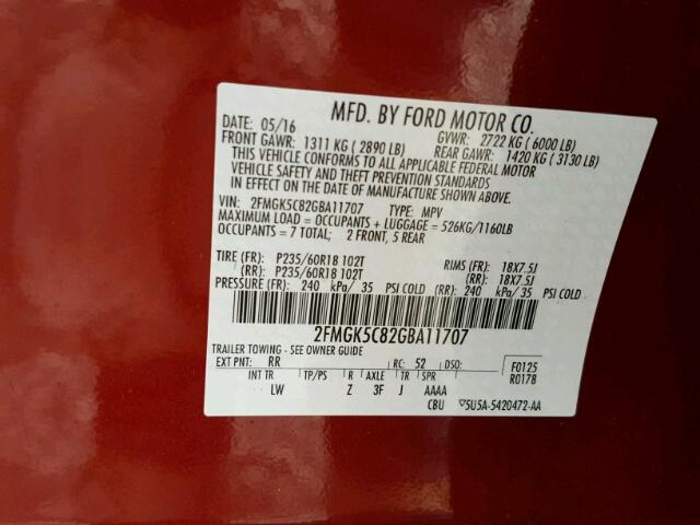 2FMGK5C82GBA11707 - 2016 FORD FLEX SEL RED photo 10