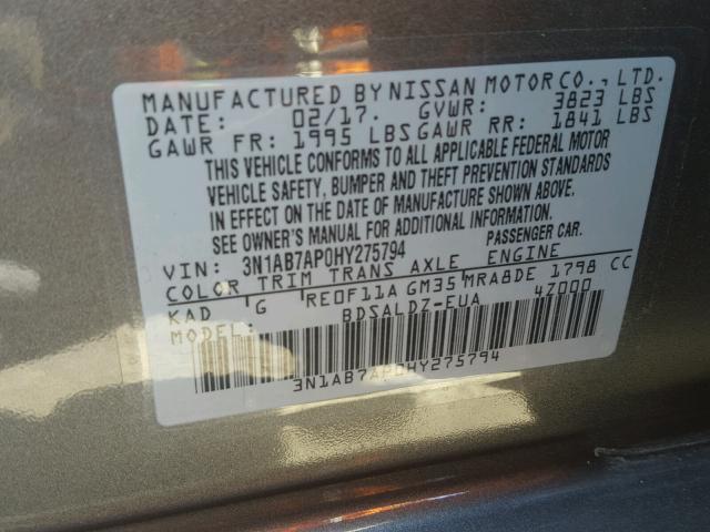 3N1AB7AP0HY275794 - 2017 NISSAN SENTRA GRAY photo 10