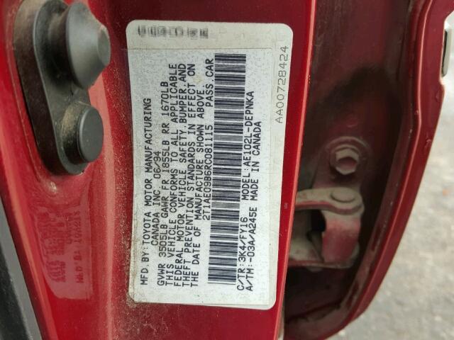 2T1AE09B6RC081115 - 1994 TOYOTA COROLLA LE 红色 照片 10