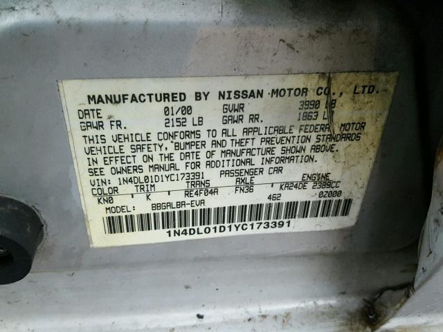 1N4DL01D1YC173391 - 2000 NISSAN ALTIMA XE SILVER photo 10