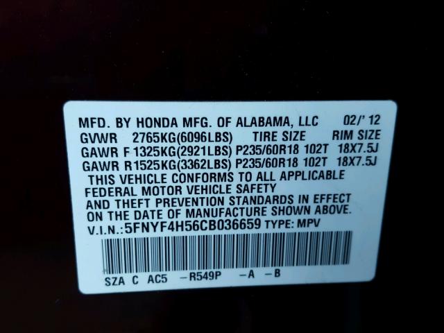 5FNYF4H56CB036659 - 2012 HONDA PILOT EXL MAROON photo 10