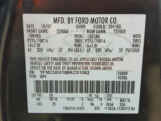 1FMCU03188KC01582 - 2008 FORD ESCAPE XLT BLUE photo 10