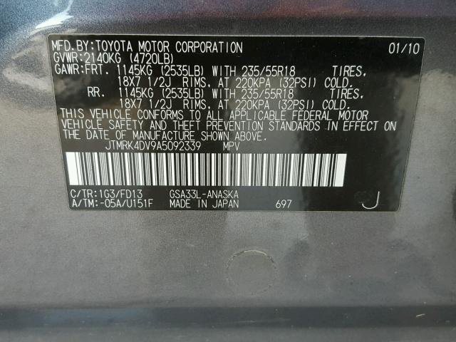 JTMRK4DV9A5092339 - 2010 TOYOTA RAV4 SPORT GRAY photo 10