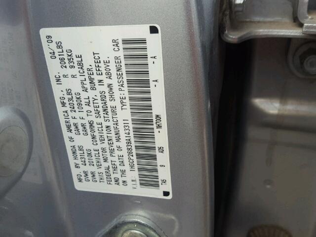 1HGCP26839A143311 - 2009 HONDA ACCORD EXL GRAY photo 10