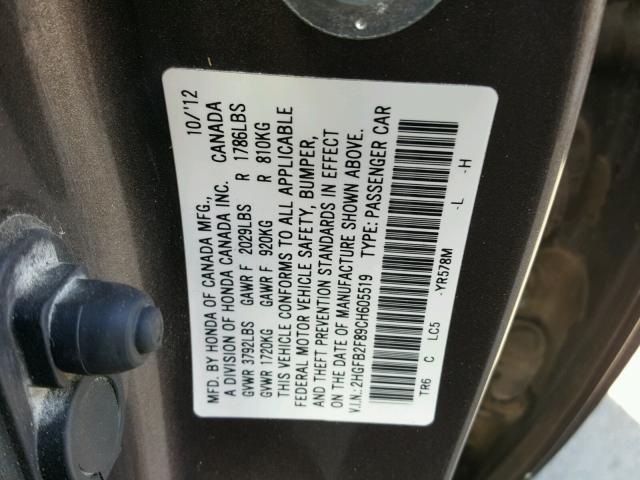 2HGFB2F89CH605519 - 2012 HONDA CIVIC EX BROWN photo 10