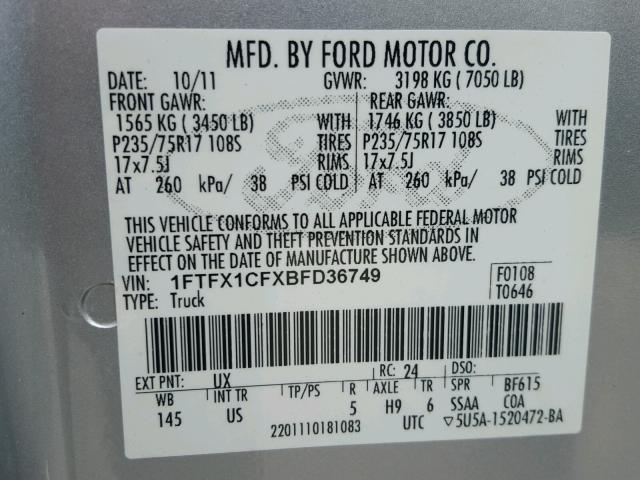 1FTFX1CFXBFD36749 - 2011 FORD F150 SUPER SILVER photo 10