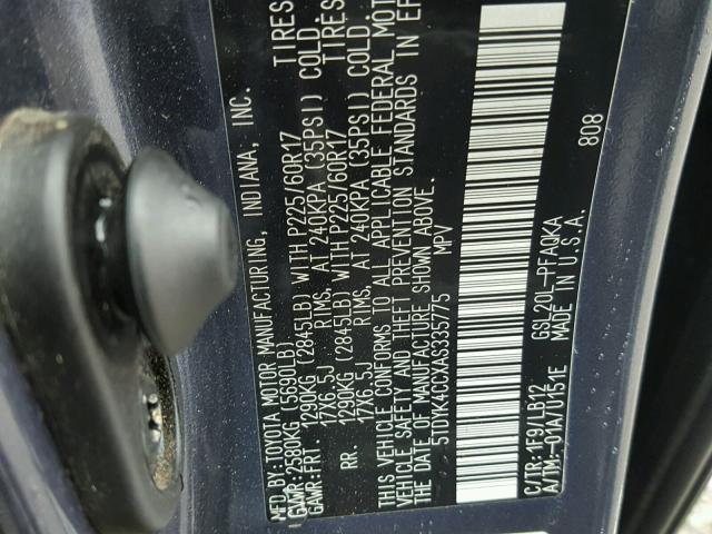 5TDYK4CCXAS335775 - 2010 TOYOTA SIENNA XLE CHARCOAL photo 10