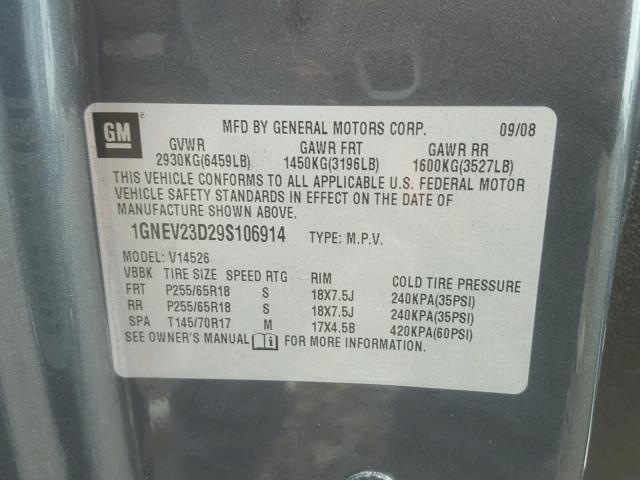 1GNEV23D29S106914 - 2009 CHEVROLET TRAVERSE L GRAY photo 10