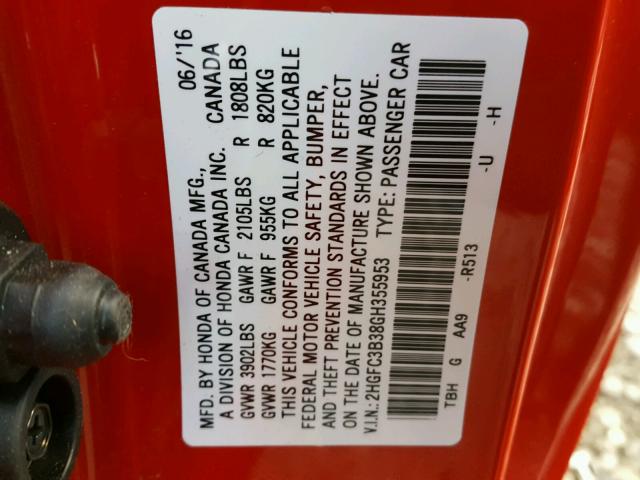 2HGFC3B38GH355953 - 2016 HONDA CIVIC EX RED photo 10