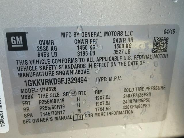 1GKKVRKD9FJ329494 - 2015 GMC ACADIA SLT ვერცხლისფერი ფოტო 10