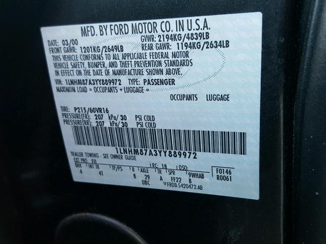 1LNHM87A3YY889972 - 2000 LINCOLN LS 绿色 照片 10