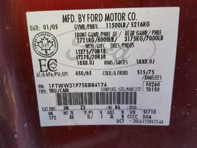 1FTWW31P75EB84174 - 2005 FORD F350 BURGUNDY photo 10