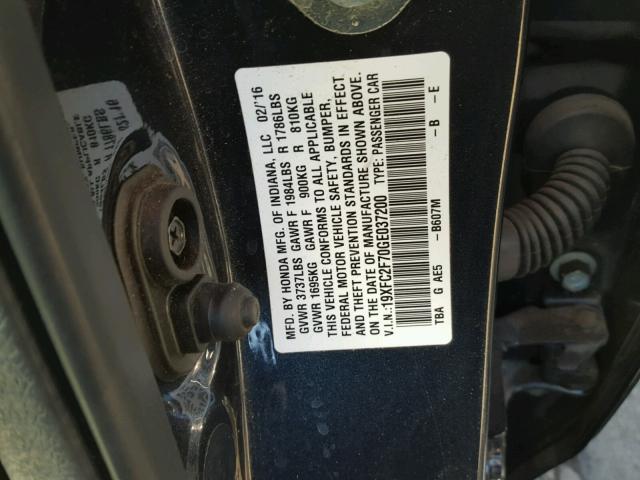 19XFC2F70GE037200 - 2016 HONDA CIVIC EX ლურჯი ფოტო 10