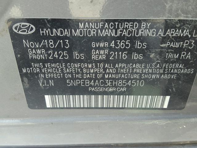 5NPEB4AC3EH854510 - 2014 HYUNDAI SONATA GLS GRAY photo 10