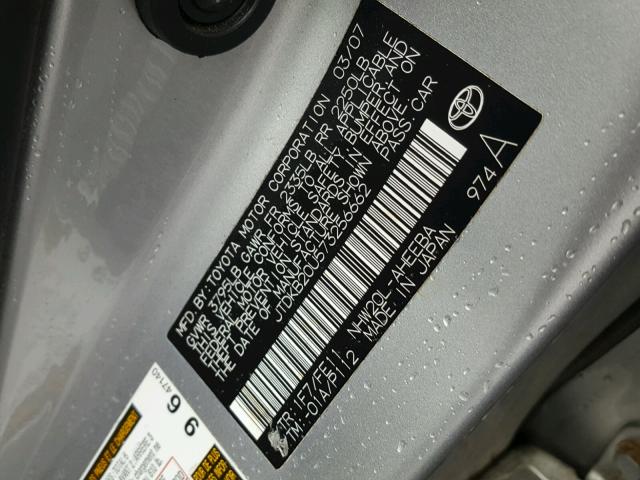 JTDKB20U573256662 - 2007 TOYOTA PRIUS SILVER photo 10