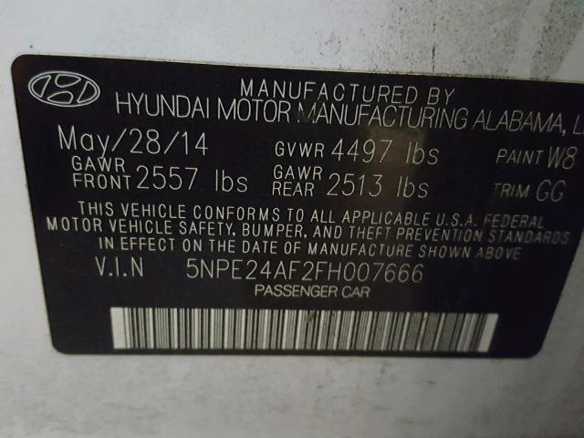 5NPE24AF2FH007666 - 2015 HYUNDAI SONATA SE WHITE photo 10