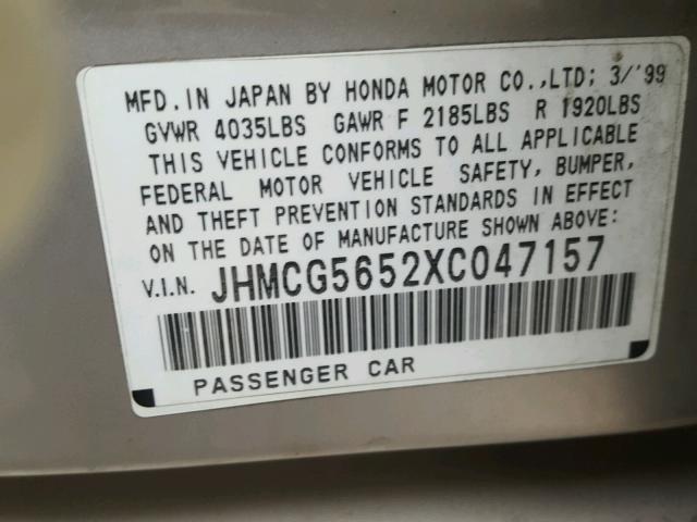 JHMCG5652XC047157 - 1999 HONDA ACCORD EX SILVER photo 10