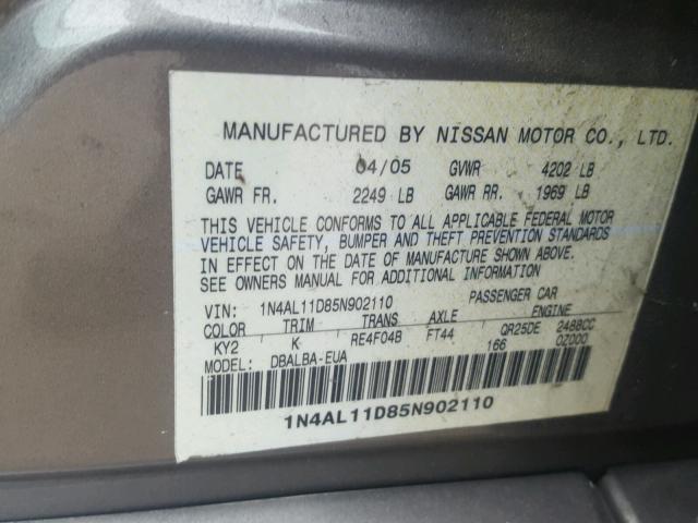 1N4AL11D85N902110 - 2005 NISSAN ALTIMA GRAY photo 10