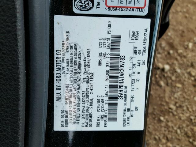 3FAHP0HA1AR209783 - 2010 FORD FUSION SE BLACK photo 10