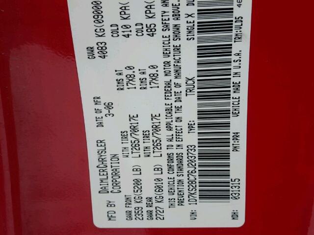 1D7KS28C76J203733 - 2006 DODGE RAM 2500 RED photo 10