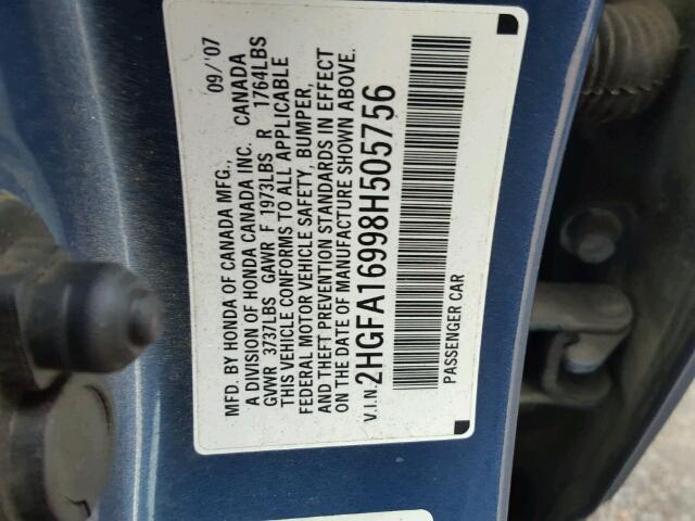 2HGFA16998H505756 - 2008 HONDA CIVIC EXL BLUE photo 10