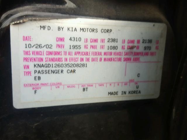 KNAGD126035208281 - 2003 KIA OPTIMA LX BLACK photo 10