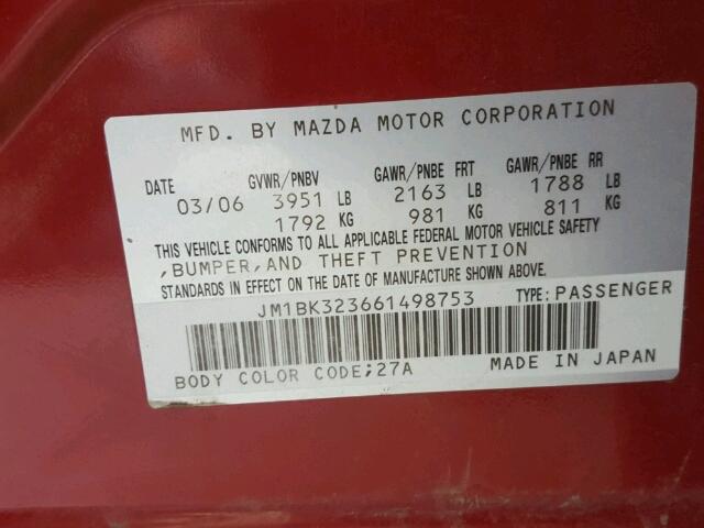 JM1BK323661498753 - 2006 MAZDA 3 S RED photo 10