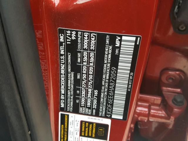 4JGDF6EE6HA872059 - 2017 MERCEDES-BENZ GLS 450 4M RED photo 10