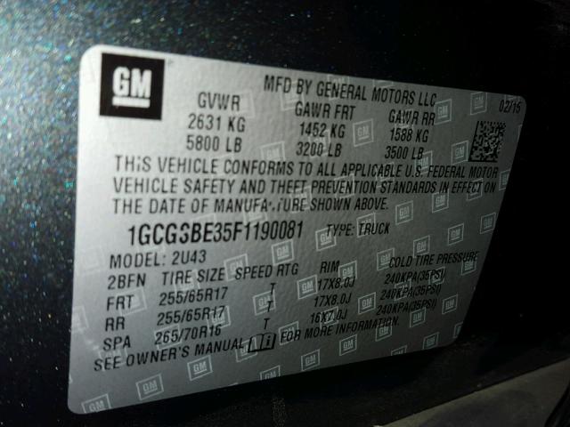 1GCGSBE35F1190081 - 2015 CHEVROLET COLORADO L GRAY photo 10