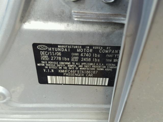 KMHFC46F97A186187 - 2007 HYUNDAI AZERA SE SILVER photo 10