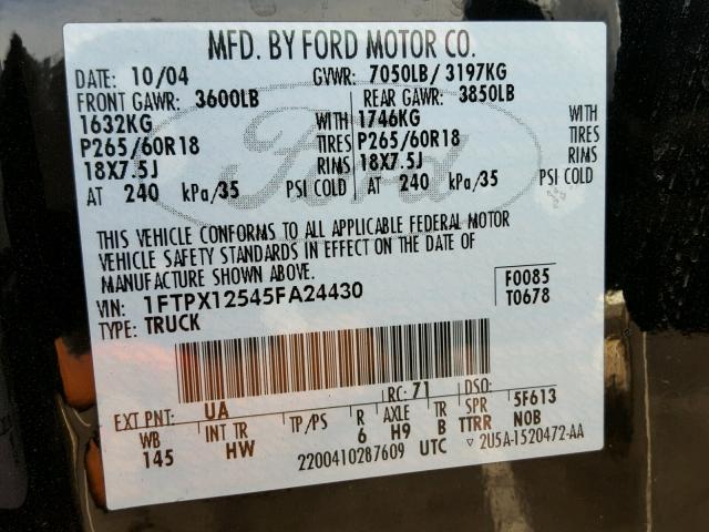 1FTPX12545FA24430 - 2005 FORD F150 BLACK photo 10