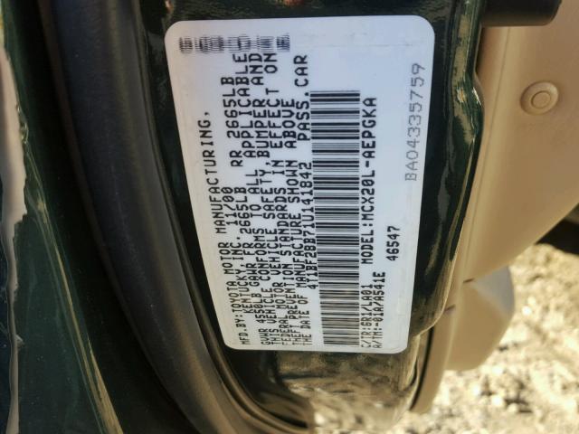 4T1BF28B71U141842 - 2001 TOYOTA AVALON GREEN photo 10