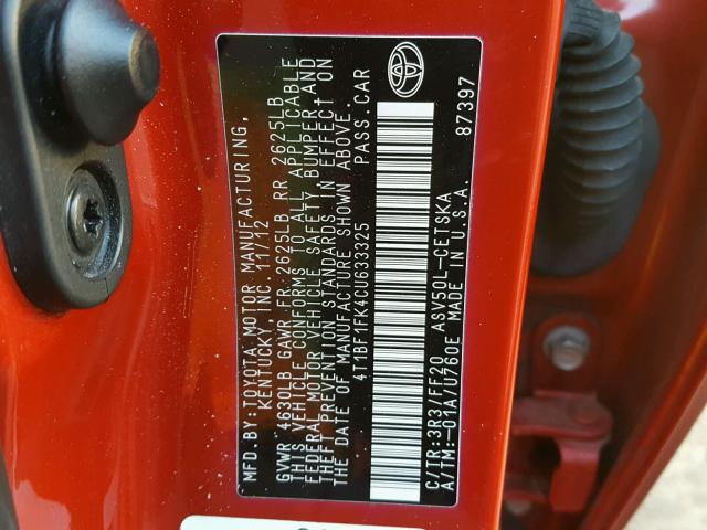 4T1BF1FK4CU633325 - 2012 TOYOTA CAMRY BASE RED photo 10