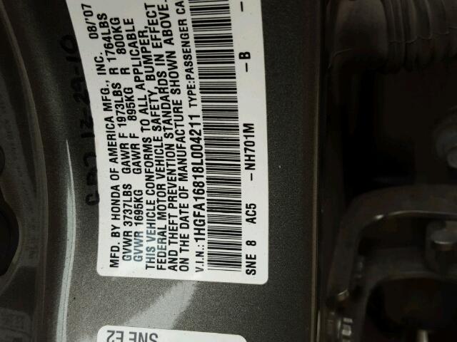 1HGFA16818L004211 - 2008 HONDA CIVIC EX 银色 照片 10