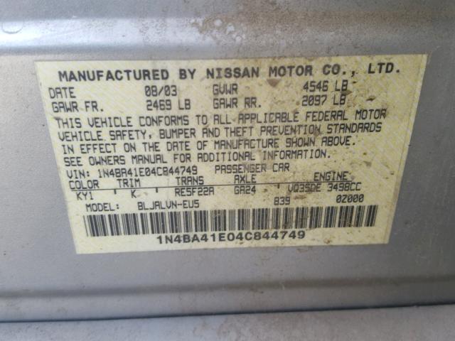 1N4BA41E04C844749 - 2004 NISSAN MAXIMA SE SILVER photo 10